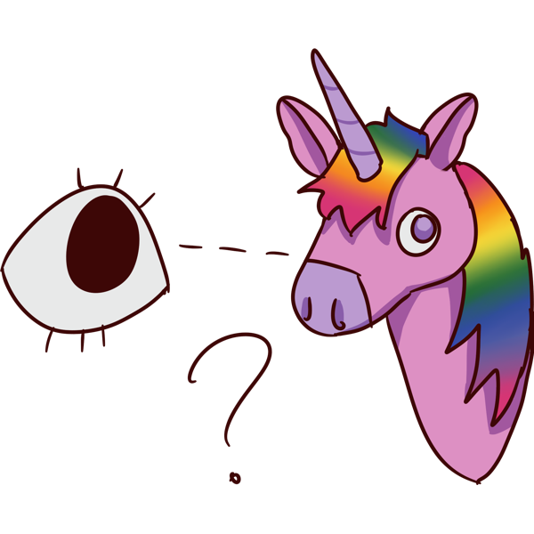image of an eye looking at a pink rainbow unicorn next to a question mark
